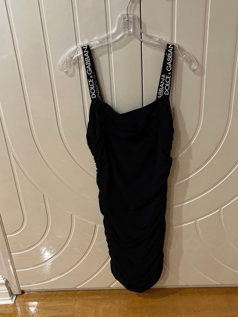 Dolce & Gabbana Black Ruched Mini Dress with Logo Straps